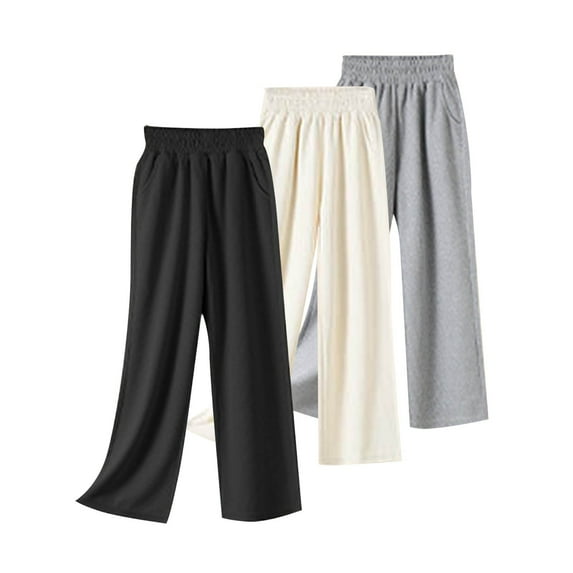 3 Pack Girls Wide Leg Pants Cotton Full Length Pants Soft Comfortable Stretchy Pants for Kids Gray 12-13 Years