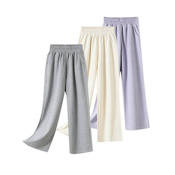 3 Pack Girls Wide Leg Pants Cotton Full Length Pants Soft Comfortable Stretchy Pants for Kids White 7-8 Years