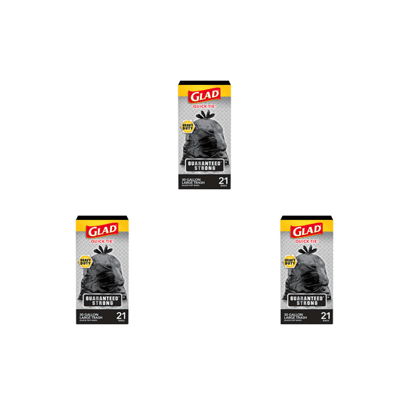3 Pack Glad Quick-Tie Heavy Duty Trash Bags, 30 Gallon, 63ct