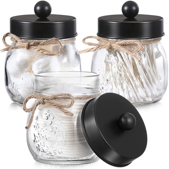 3 Pack Glass Apothecary Jar Canisters - Qtip Holder Dispenser for Cotton Ball & Swab & Pads - Vanity Storage Container Organizer - Rustic Farmhouse Mason Jar Bathroom Accessorries, Decor Set - Black