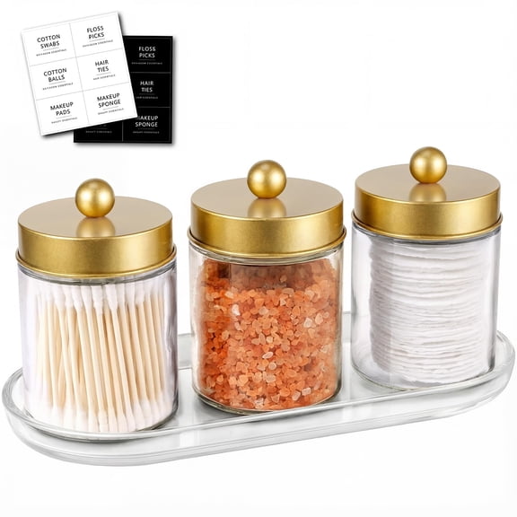 3 Pack Glass Apothecary Jars with Acrylic Vanity Tray | Bathroom Jars with Lids Set with for Qtip, Cotton Ball, Floss Picks - Modern Industrial Style - Bathroom Organizer