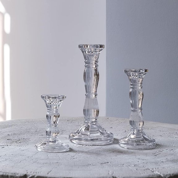 3 Pack Glass Candle Stick Holders - Clear Crystal Taper Candles Holder for Buring Candles, Led Taper Candle,Party and Wedding Centerpieces, Table Decoration