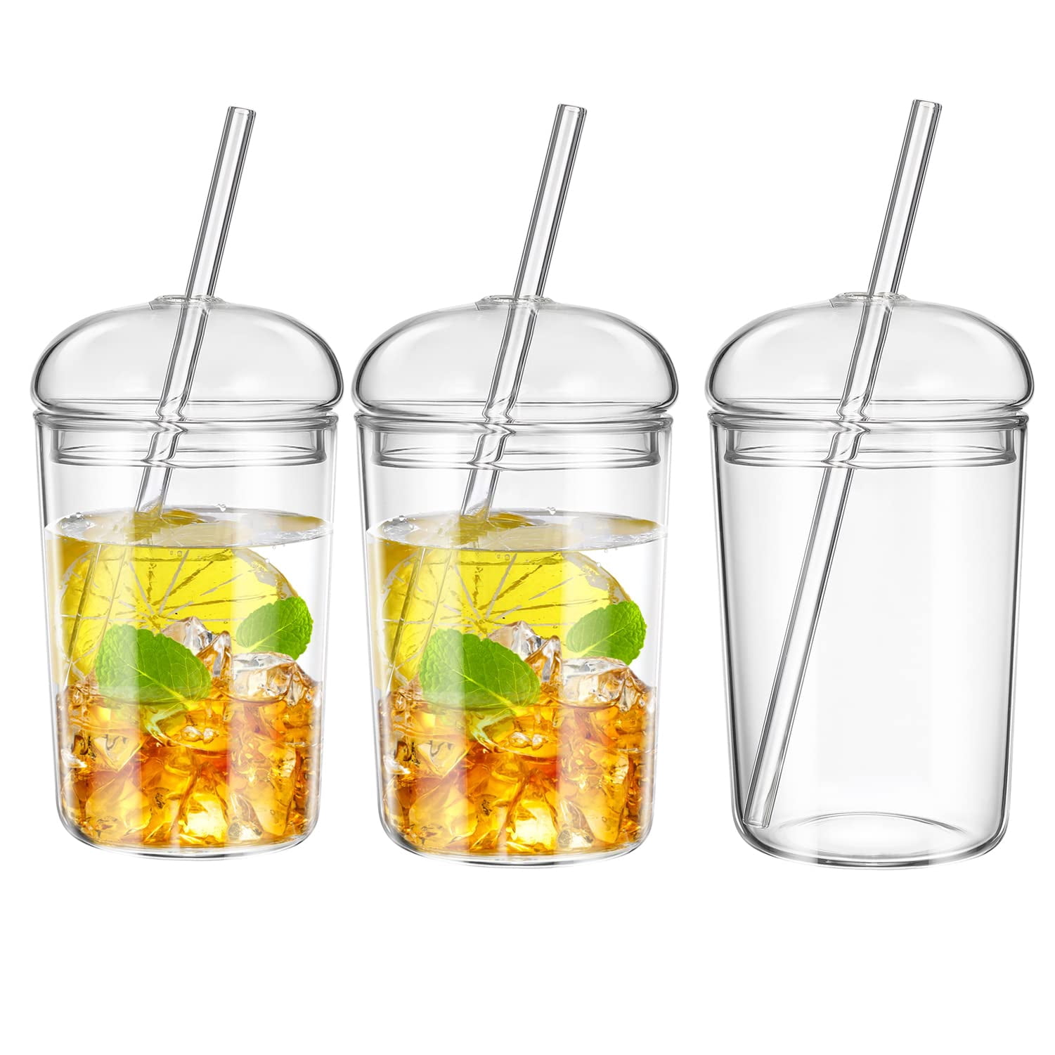3 Pack Glass Coffee Cups with Lids and Straws, 16 oz Iced Coffee Cup ...