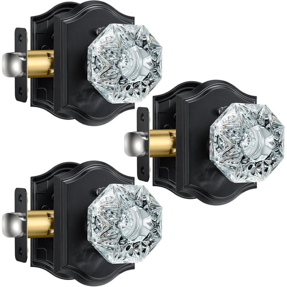 3 Pack Glass Door Knobs, Black Crystal Door Knobs Interior with Lock for Privacy Use, Antique Octagonal Glass Doorknobs for Bedroom Bathroom Interior Doors
