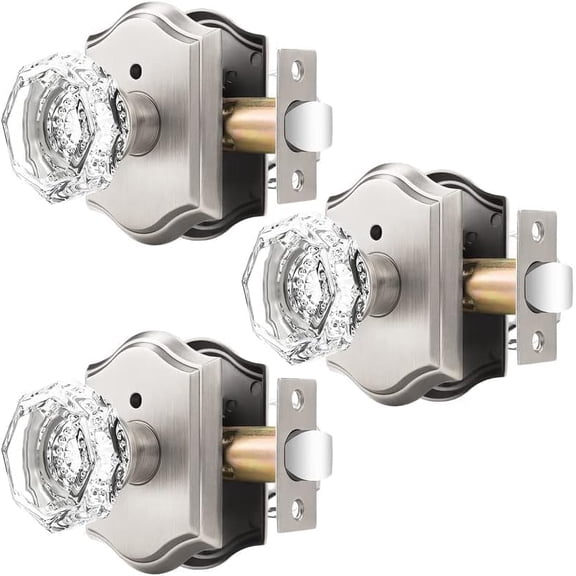 3 Pack Glass Door Knobs Interior, Stain Nickel Privacy Crystal Door Locksets, Vintage Rosette Keyless Door Knobs for Bedroom and Bathroom, Push Pin Button Inside Lock