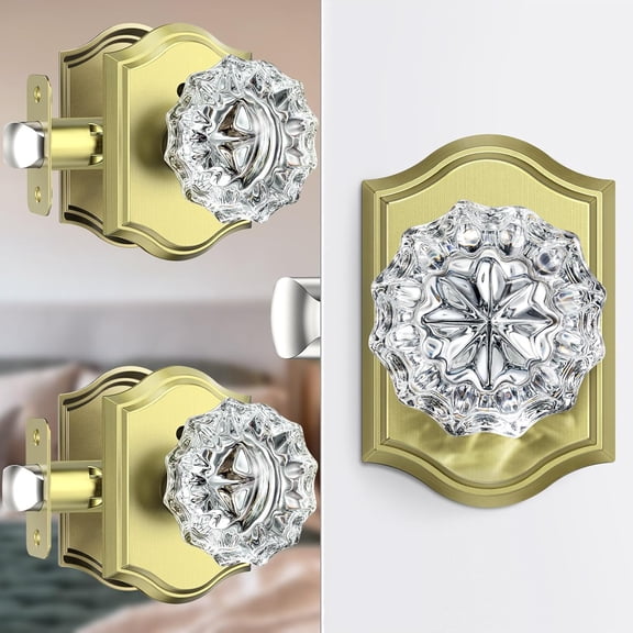 3 Pack Glass Door Knobs with Lock, Satin Brass Crystal Door Knobs Interior for Privacy Use, Antique Glass Door Knobs for Bedroom Bathroom, Clear Crystal Doorknob Set