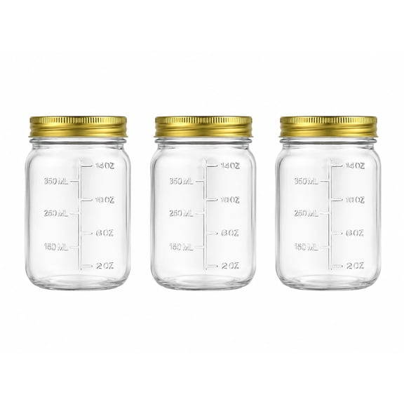 3 Pack Glass Mason Style Storage Jars with Gold Lids, 14 oz Clear Canning Jars with Measurement Markings for Food Storage, Pantry Organization & Overnight Oats