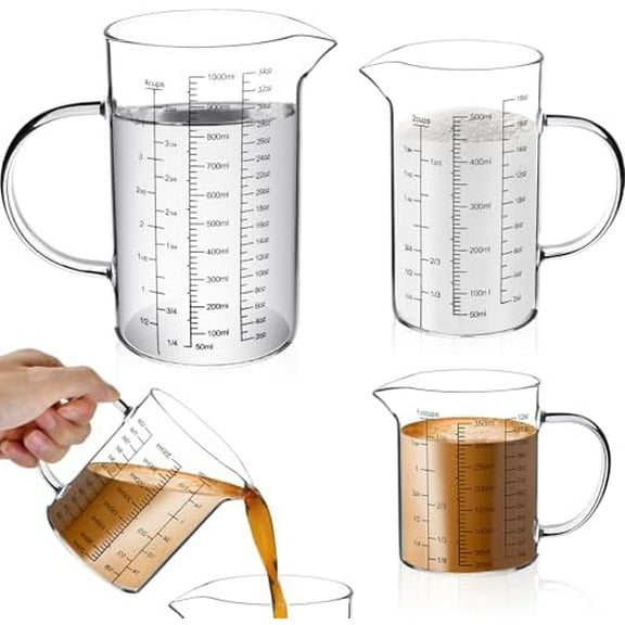 3 Pack Glass Measuring Cups (1/2/4-Cup), Jugs with Handle/V-Shaped Spout (ML/oz Markings), Borosilicate Glass Microwave/Freezer Safe (Home Decor, Kitchen, & Other)