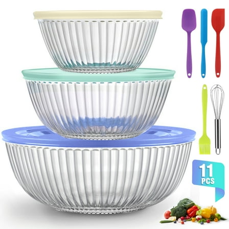 Glass Mixing Bowls Set, AOKIWO 11 Packs 3 Size  Glass Nesting Mixing Bowl with BPA-Free Lids & Baking Tools,  Kitchen Storage Bowls for Prep, Baking, Serving