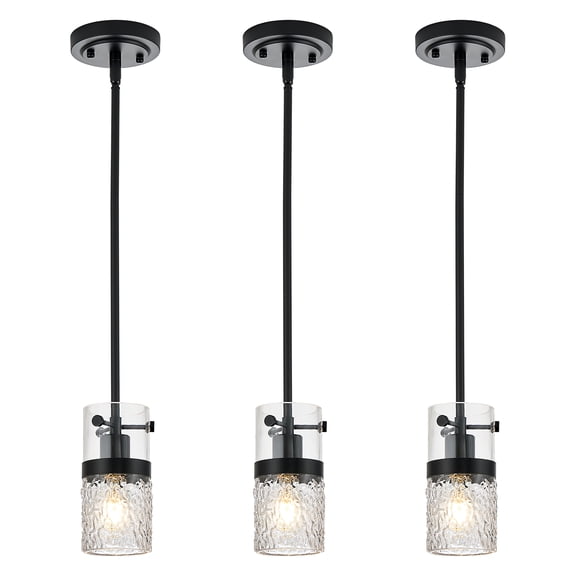 3 Pack Glass Pendant Light Black Modern Pendant Light Fixture with Water Ripple Glass 1-Light Mini Hanging Lights for Kitchen Island Bathroom Kitchen Sink Bedroom