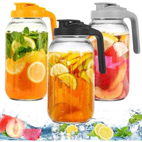 3 Pack Glass Pitchers with Lid, 64 oz Sun Tea Pitcher, Half Gallon Mason Jar Pitcher with Wide Mouth Airtight Lid for Ice Tea, Cold Brew Coffee, Fridge Water, Milk, Juices, Leak Proof Water Jug