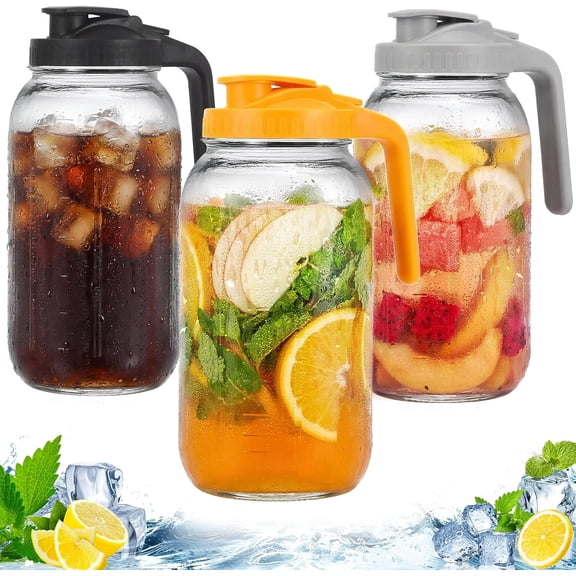 3 Pack Glass Pitchers with Lid, 64 oz Sun Tea Pitcher for Ice Tea, Cold Brew Coffee, Fridge Water, Milk, Juices, Leak Proof Water Jug