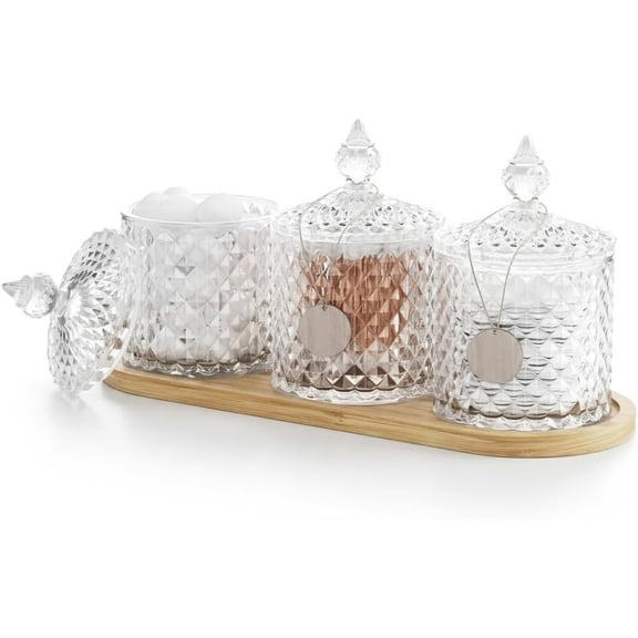 3 Pack Glass Qtip Holder Dispenser with Tray and Tag, Apothecary Jars with Lid, Bathroom Canisters