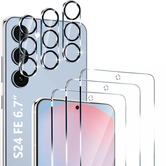 3 Pack Glass Screen Protector for Samsung Galaxy S24 FE [6.7 inch] + 3 Pack Camera Lens Protector, 9H Tempered Glass, Fingerprint Unlock, HD Clear Case Friendly Anti-Scratch