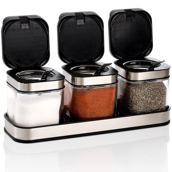 3 Pack Glass Seasoning Box with Tray, Clear Condiment Canister with 18/10 Stainless Steel Lid and Spoon, Kitchen Spice Pot with Base, Salt Pepper Sugar Storage Container Jar Cruet for Desk