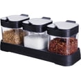 thumbnail image 1 of 3 Pack Glass Seasoning Box with Tray, Clear Condiment Canister with Lid and Spoon, Kitchen Spice Pot with Base, Salt Pepper Sugar Storage Container Jar Cruet Set of 3 for Desk（Black）, 1 of 8