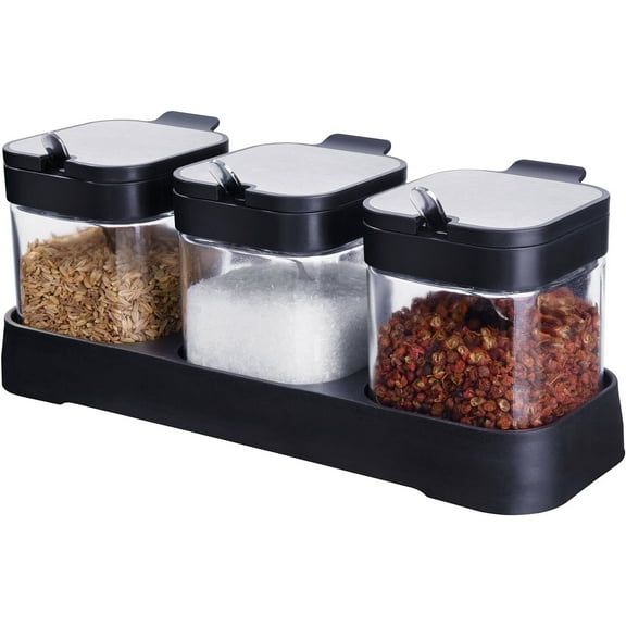 3 Pack Glass Seasoning Box with Tray, Clear Condiment Canister with Lid and Spoon, Kitchen Spice Pot with Base, Salt Pepper Sugar Storage Container Jar Cruet Set of 3 for DeskBlack