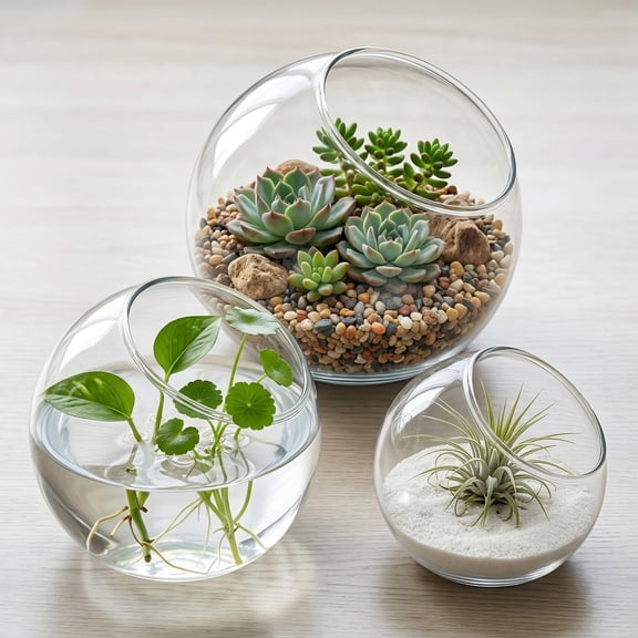 3 Pack Glass Terrarium Containers, Slanted Bowl Air Plant Holder Set (3. 1/3. 9/4. 7 Inch), Small Clear Round Succulent Planter Globe for Micro Landscape, Candle Decor