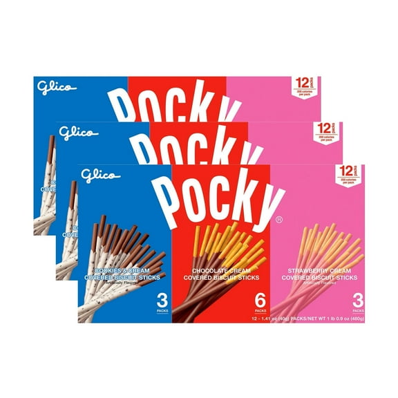 3 Pack | Glico Pocky Bundle of Biscuit Sticks || Cookies and Cream || Chocolate Cream || Strawberry Cream 12 Pack