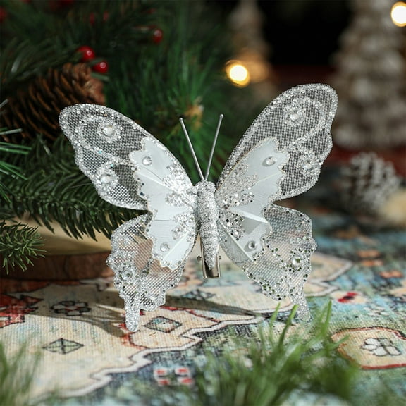3 Pack Glitter Butterfly Christmas Tree Ornaments | Hanging Decor for Wall Door Holiday Party Festive Decorations Shimmering Accent Pieces Set(Silver)