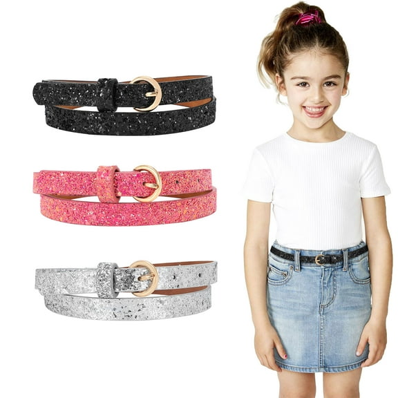 3 Pack Glitter Girls Belt Colorful Kids Skinny Belts for Jeans Dress