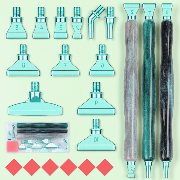 3-Pack Glitter Painting Resin Pens with 12 Green Metal Multi-Placer Tips, Screw Thread Design, Storage Box Included