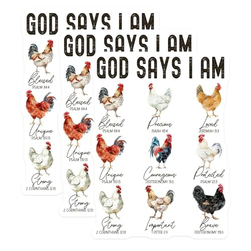 (3 Pack) God Says I Am Decals - Chicken Art Stickers - Religious Verse Decals - 3 Inches On Longest Side - Easy Peel & Apply - Made in USA - 3MCS2255