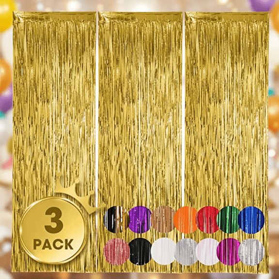 3 Pack Gold Foil Fringe Curtain Backdrop 3.3x8.2 Ft, Tinsel Streamers for Party Decorations, New Year's Eve, Graduation, Birthday, Baby Shower, Gender Reveal, Disco, Photo Booth, Celebration Events
