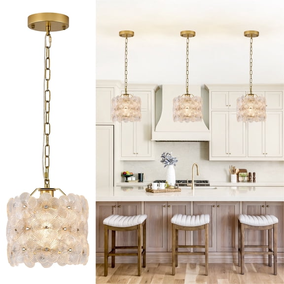 3 Pack Gold Glass Pendant Light with White Ceramic Flowers Small Ceiling Pendant Light Fixture 1-Light for Kitchen Island Sink Dining Room Entryway Hallway, E26