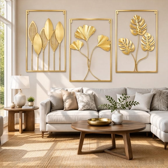 3 Pack Gold Metal Leaf Wall Art Large Framed Accent Leaves Decor for Bedrooms, Dressing Rooms, and Living Spaces