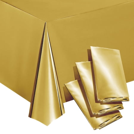 3 Pack Gold Plastic Tablecloths for Rectangle Tables, Disposable Table Covers for Wedding, Birthday, Baby Shower (108 x 54 In)