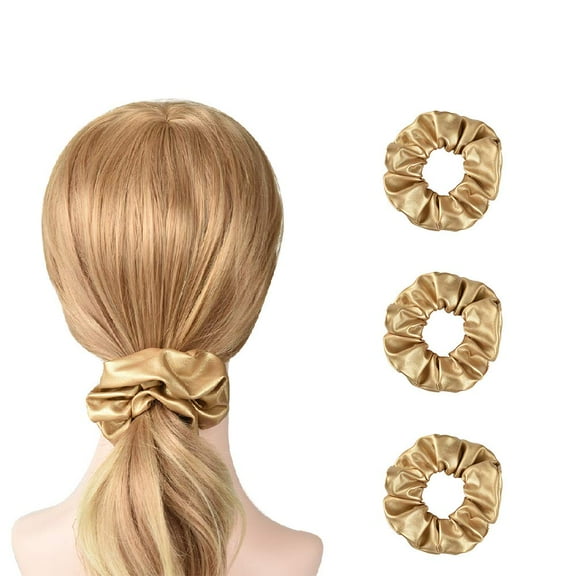 3 Pack Gold or Silver Metallic Leather Hair Scrunchies Hair Ties Hair Eleastic Bands Scrunchy Hair Ties Ropes Ponytail Holders Wrist Bands for Girls School,Dance,Stage (Gold)