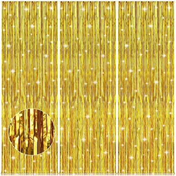 3 Pack Gold Tinsel Backdrop, 3.28 FT x 6.56 FT Metallic Fringe Curtain, Gold Color Graduation Backdrop Party Streamers, Party Supplies Door Decorations for Birthday Anniversaries