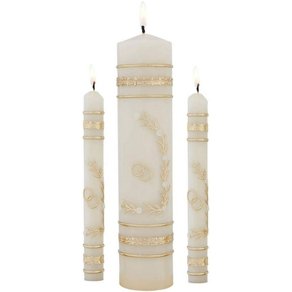 3 Pack - Gold Toned Floral Wedding Candle Unity Set with Ring Design