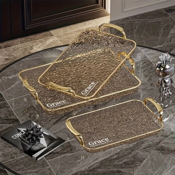 3 Pack Golden Rim Transparent Rectangular Serving Trays With Handle Food Platter For Party Festival Fruit Snack