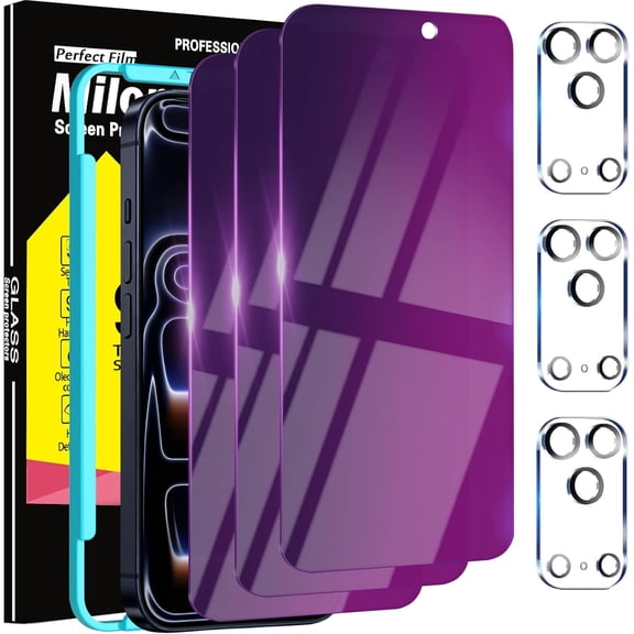 3 Pack Gradient Colorful Privacy Screen Protector for iPhone 17 Pro [Anti-Blue Light Private Film], 3 Pacs Camera Lens Protector Accessories, Case Friendly, Anti-Spy Tempered Glass,Purple