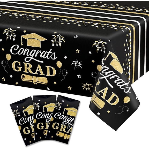 3 Pack Graduation Tablecloth Congrats Grad Disposable Tablecloth Graduation Decorations Class of 2025 Party Supplies Rectangular Plastic Table Cover 54 x 108 Inch (Black and Gold)