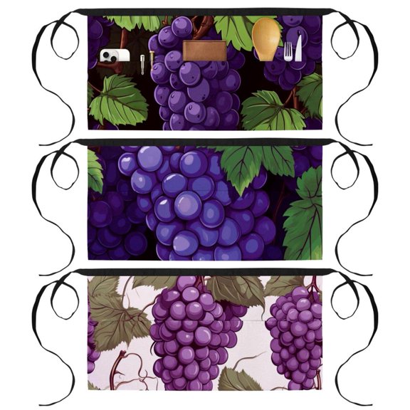 3 Pack Grape Server Waist Aprons, Waitress Kitchen Restaurant Half Apron for Men Women with 3 Pockets