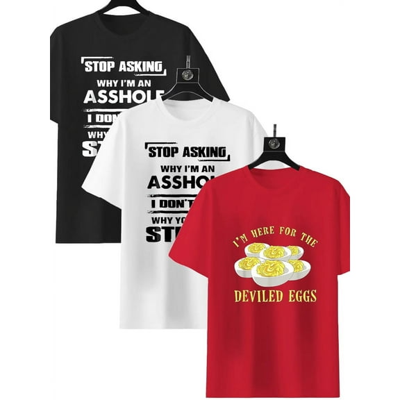 3 Pack Graphic T Shirts for Men Crew Neck Cotton Short Sleeve Loose Hip Hop Streetwear Basic Summer Tees Black,White,Red S
