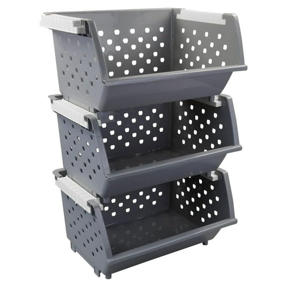 3 Pack Gray Large Stacking Basket Bin, Open Front Stackable Storage Baskets
