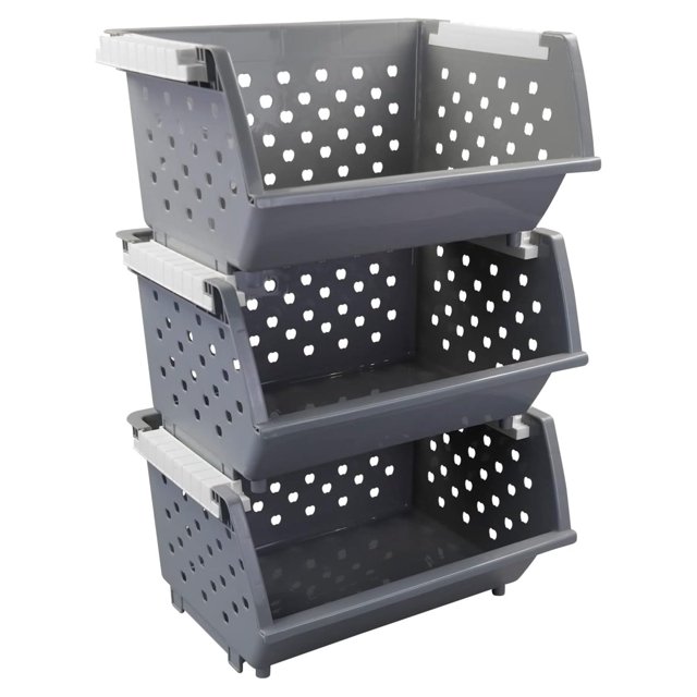 3 Pack Gray Large Stacking Basket Bin, Open Front Stackable Storage