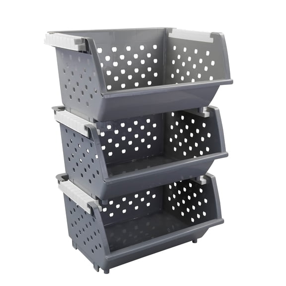 3 Pack Gray Large Stacking Basket Bin, Open Front Stackable Storage Baskets