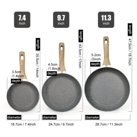 9 Pan 3 Pack Gray Non-Stick Frying Pan Set 7/9.5/11 Inch, Heat Insulated ...