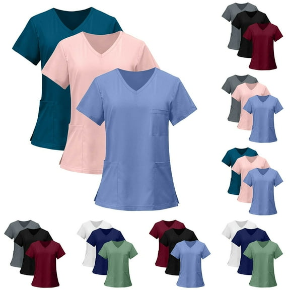 3 Pack Gray Scrub Tops for Women Soft Stretch V-Neck Medical Scrub Top with Pockets 4XL