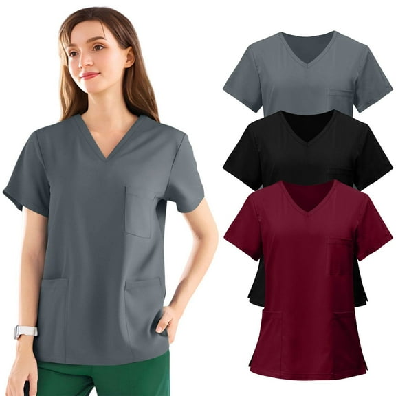 3 Pack Gray Women's Soft V-Neck Scrub Tops – Stretchy Medical Uniform with 3 Pockets, Breathable & Easy Care 4XL
