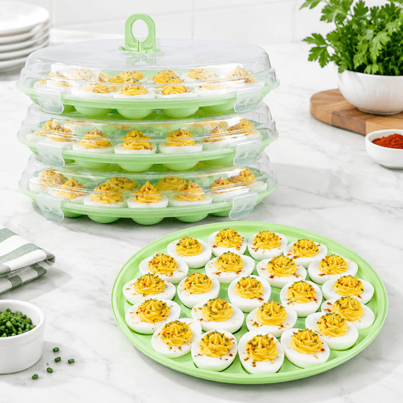 3 Pack Green Deviled Egg Carriers with Lids, Holds 22 Eggs Each Total 66