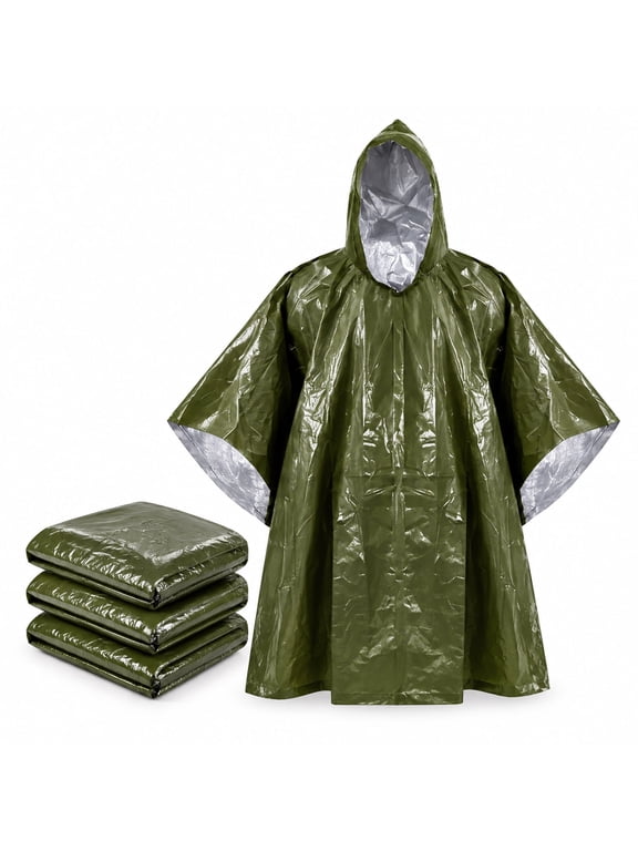 3-Pack Green PE Rain Ponchos, 125 x 100 cm Emergency Rain Cover for Camping, Hiking, Outdoor Travel and Weather Preparedness, Double-Sided Wear