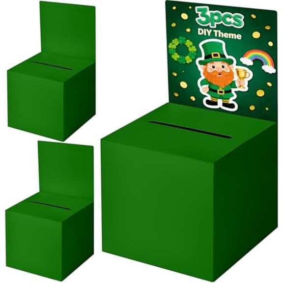 3-Pack Green Raffle Boxes with Slot, Card Box with Removable Header for Voting, Ballots, Donations & Suggestions, Suitable for Fundraising, Graduation St. Patrick's Day Party DIY Events