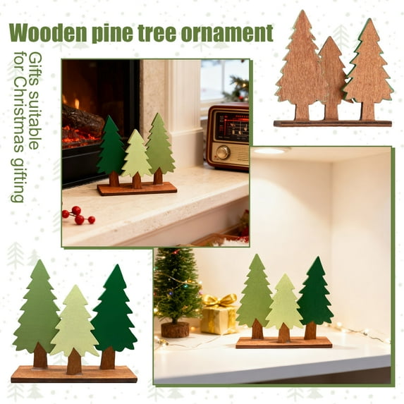 3-Pack Green Wooden Pine Christmas Trees, Mini Tabletop Desktop Ornament Set for Home, Office, Holiday Party Décor, Rustic Winter Farmhouse Table Decorations, Xmas Tiered Tray & Shelf Display