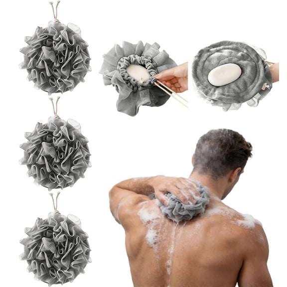 3 Pack Grey 8 Inch Loofah Bath Ball, Luxurious Shower Accessory, Exfoliating Sponge for Gentle Skin Polishing, Large Foaming Bath Net Bath Pouf, Body Lather Producing Decorative
